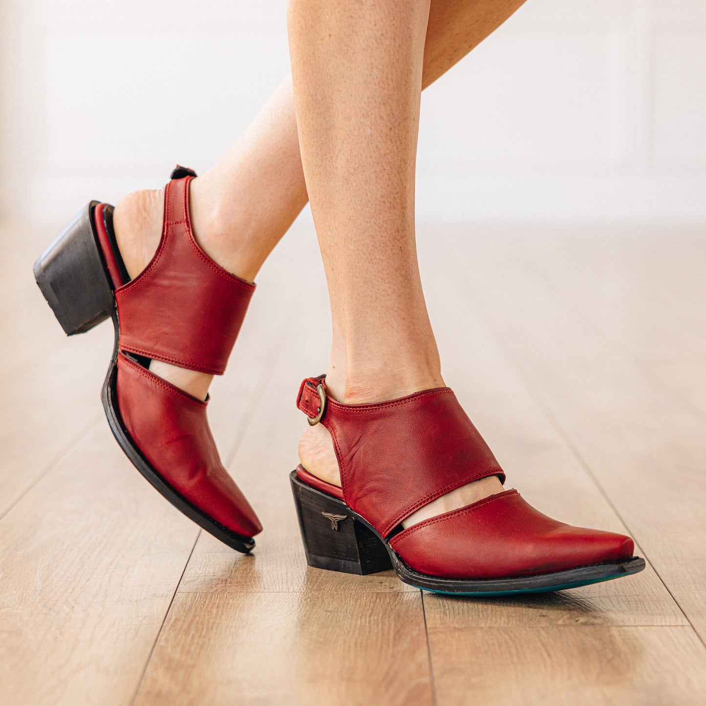 Red leather Smoldering Ruby mule heels
