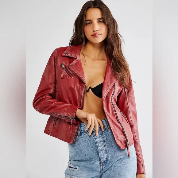 Christy Star Leather Jacket by Mauritius in Red