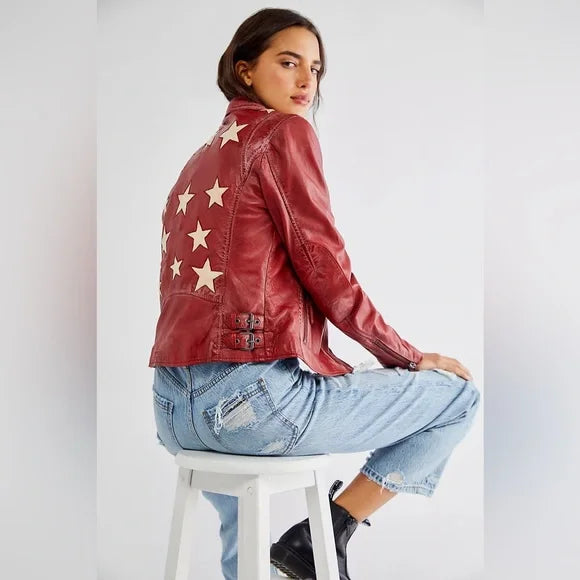 Christy Star Leather Jacket by Mauritius in Red