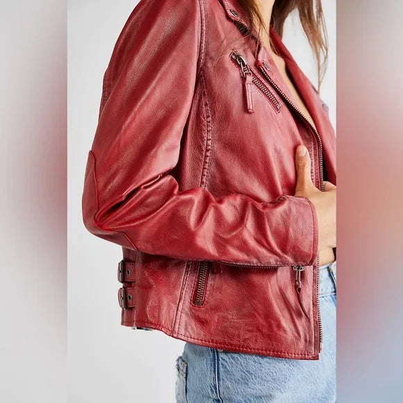 Christy Star Leather Jacket by Mauritius in Red