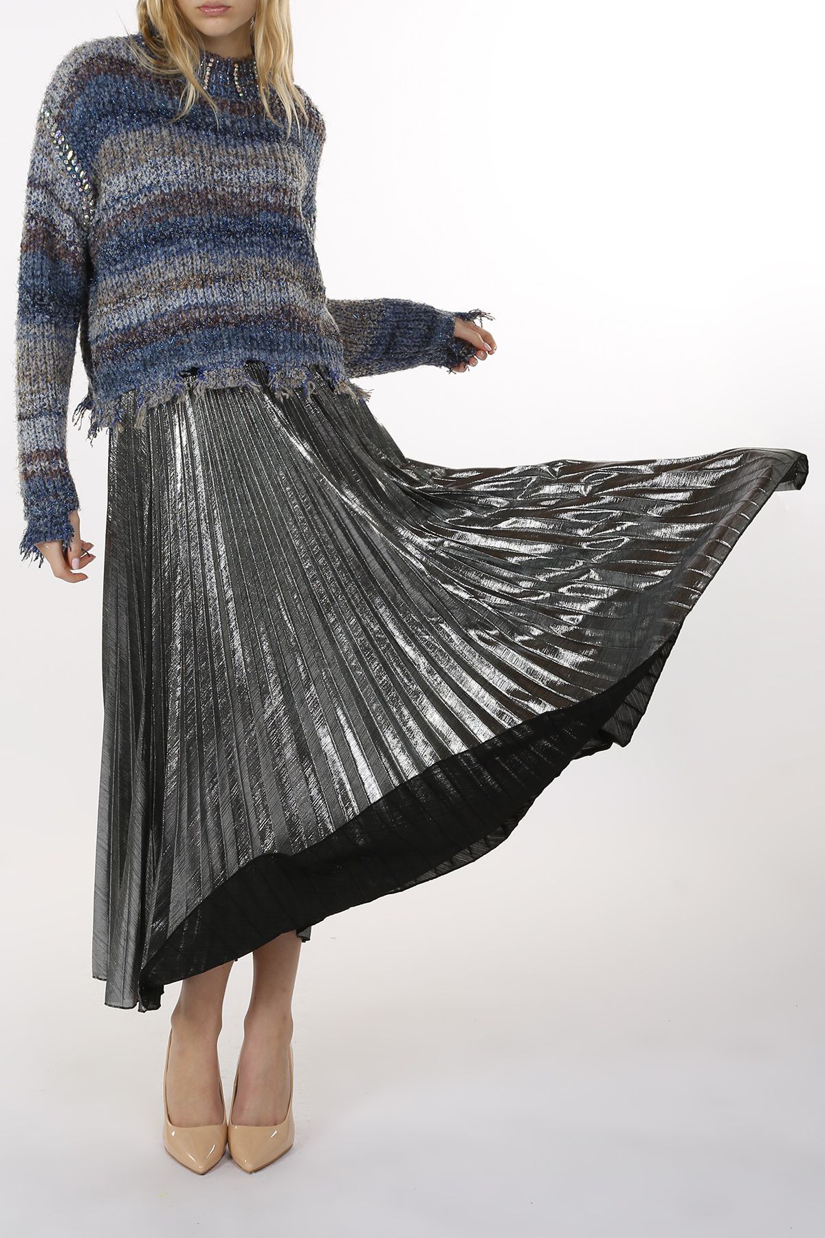 Silver pleated skirt with blue sweater