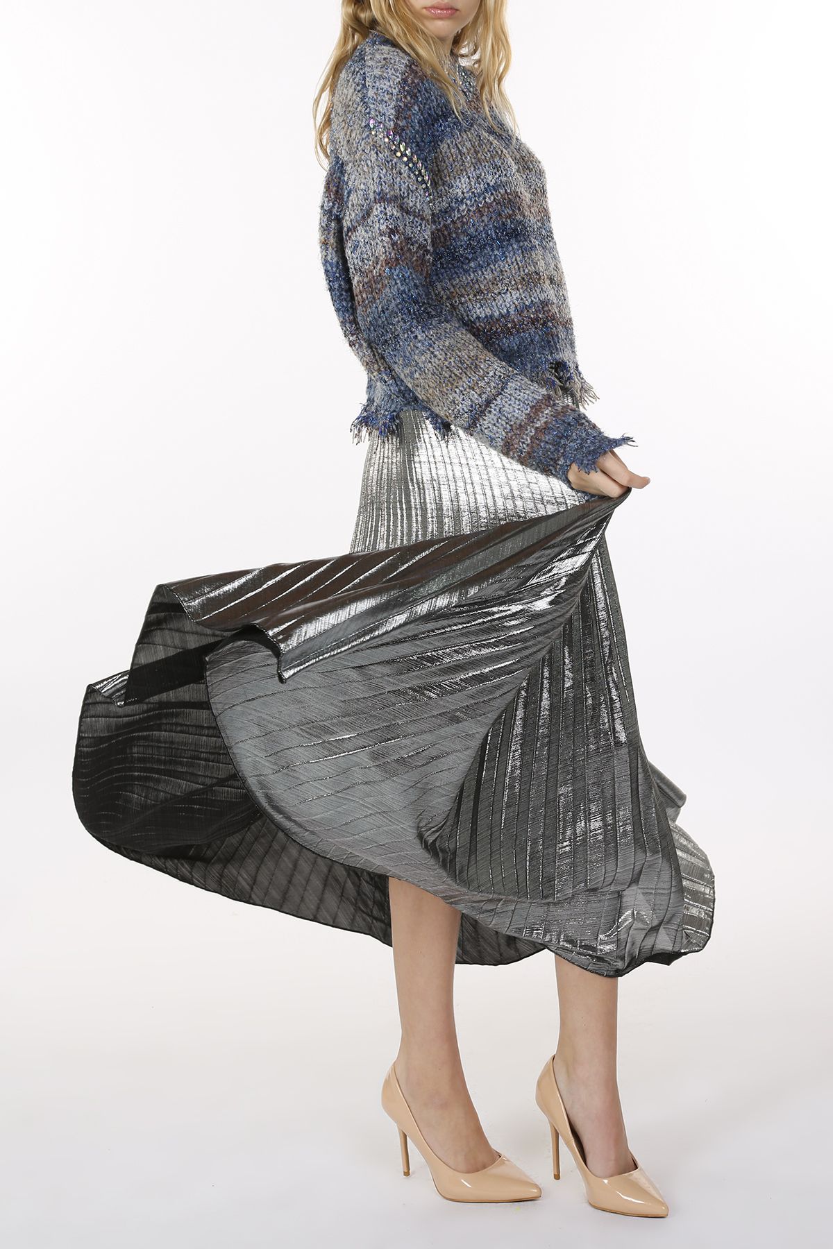Silver pleated skirt and blue sweater - mc5353-6