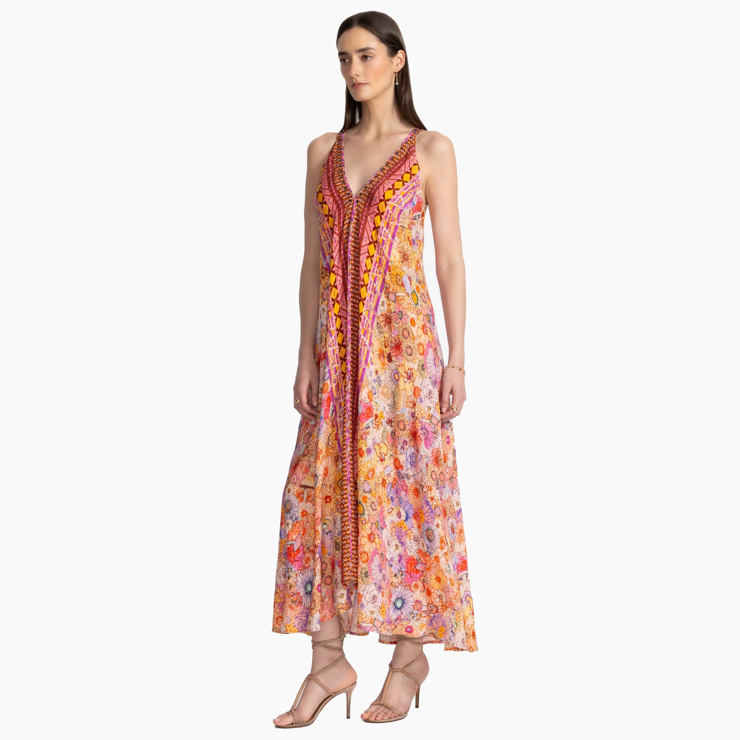 Sage pink floral maxi dress on model