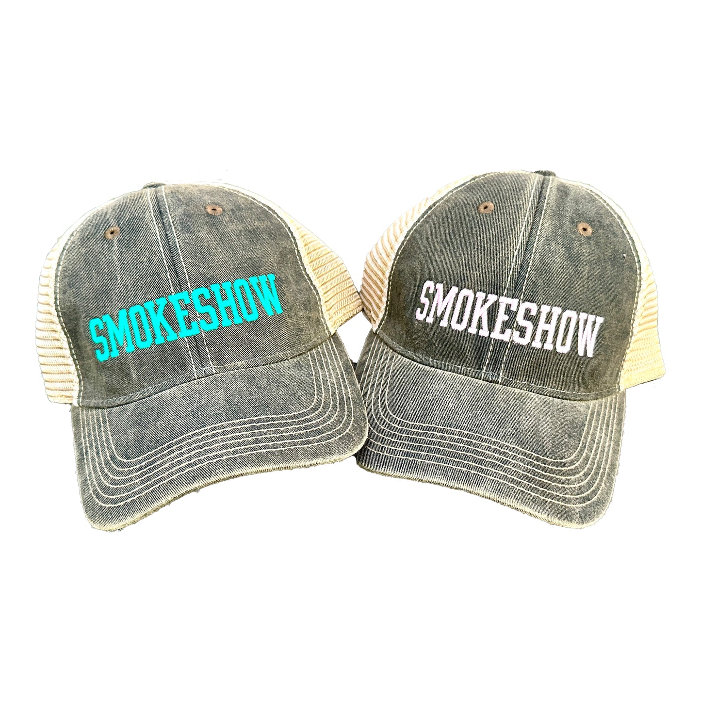 Smokeshow hat in white with turquoise and white embroidery.