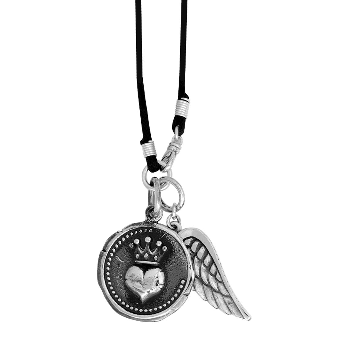 Silver necklace with heart, crown, and wing charm