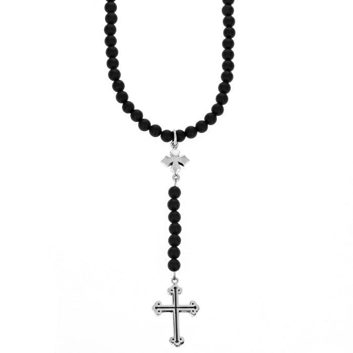 Black bead rosary necklace with silver cross - unnamed-151