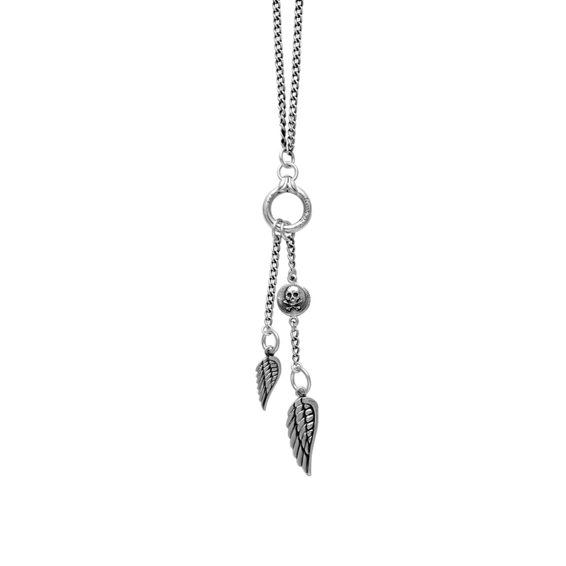 Silver pendant necklace with skull and feather charms