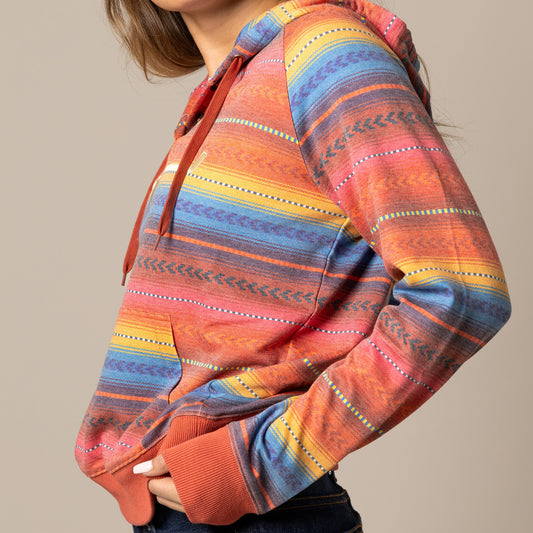 Woman wearing patterned hoodie