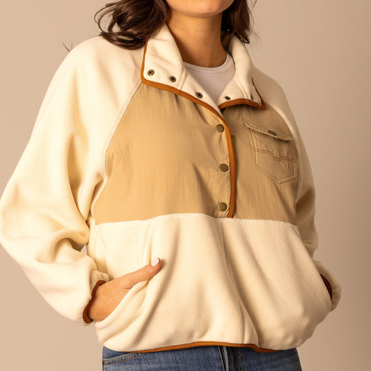 Cream and tan fleece pullover jacket