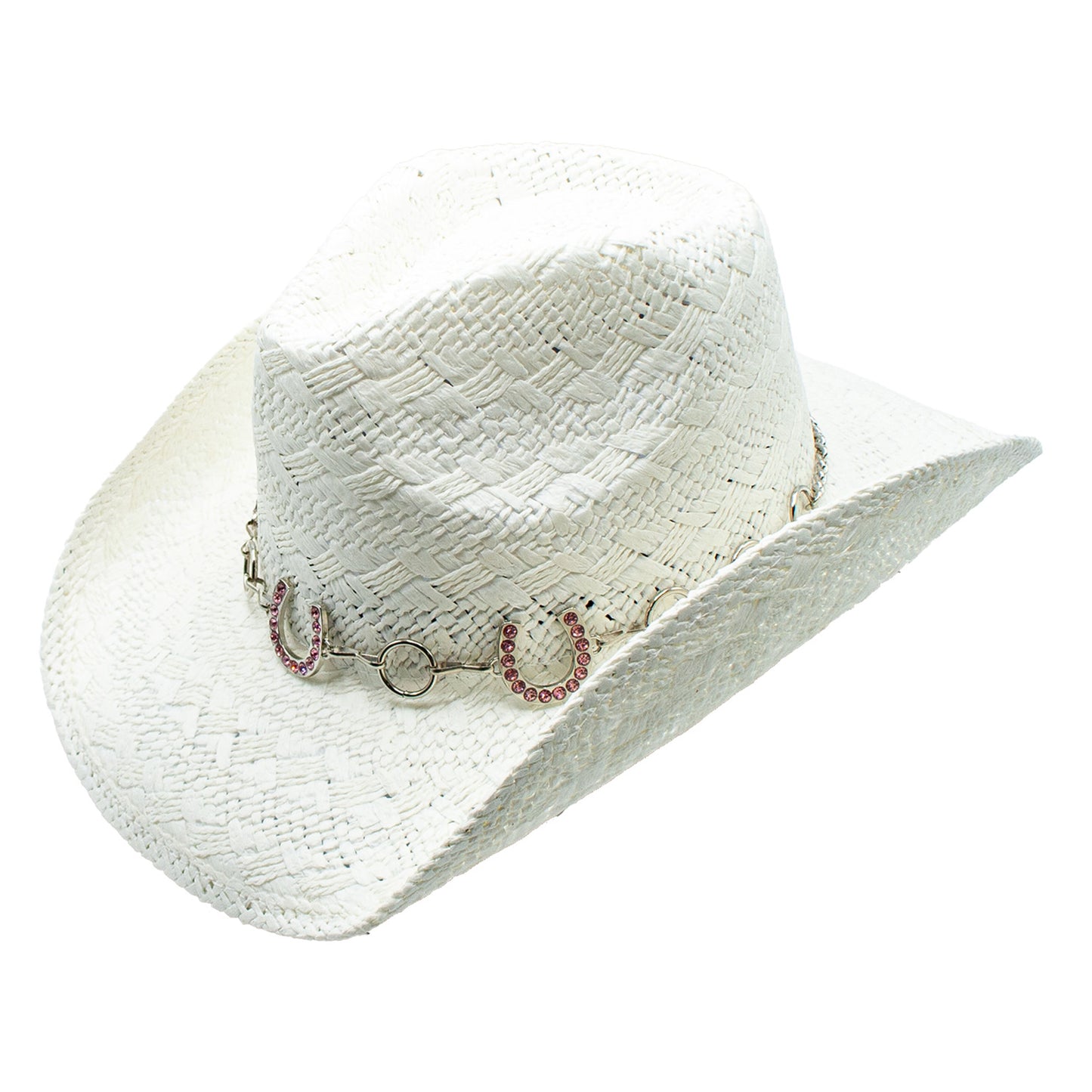 White cowboy hat with pink horseshoe detail
