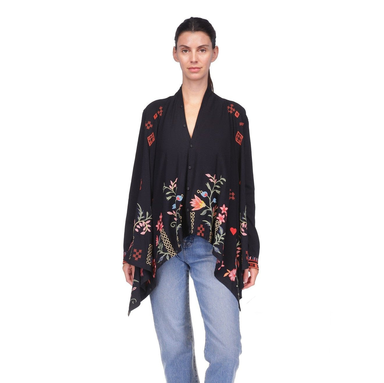 Embroidered black cardigan with floral details