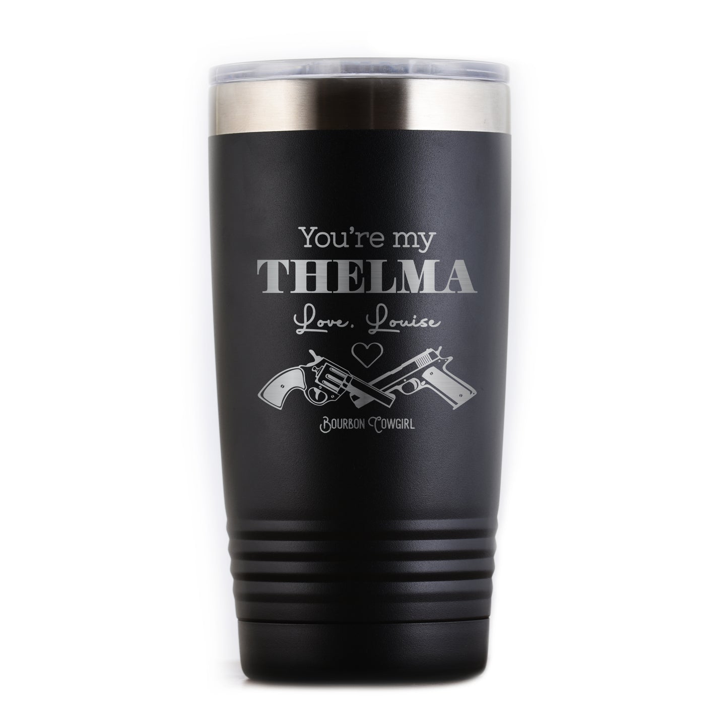 Black MyThelma tumbler with guns, Bourbon Cowgirl