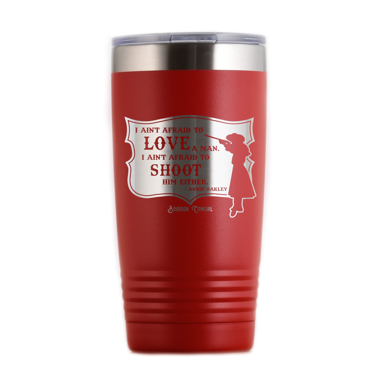 Red tumbler with shooting woman quote