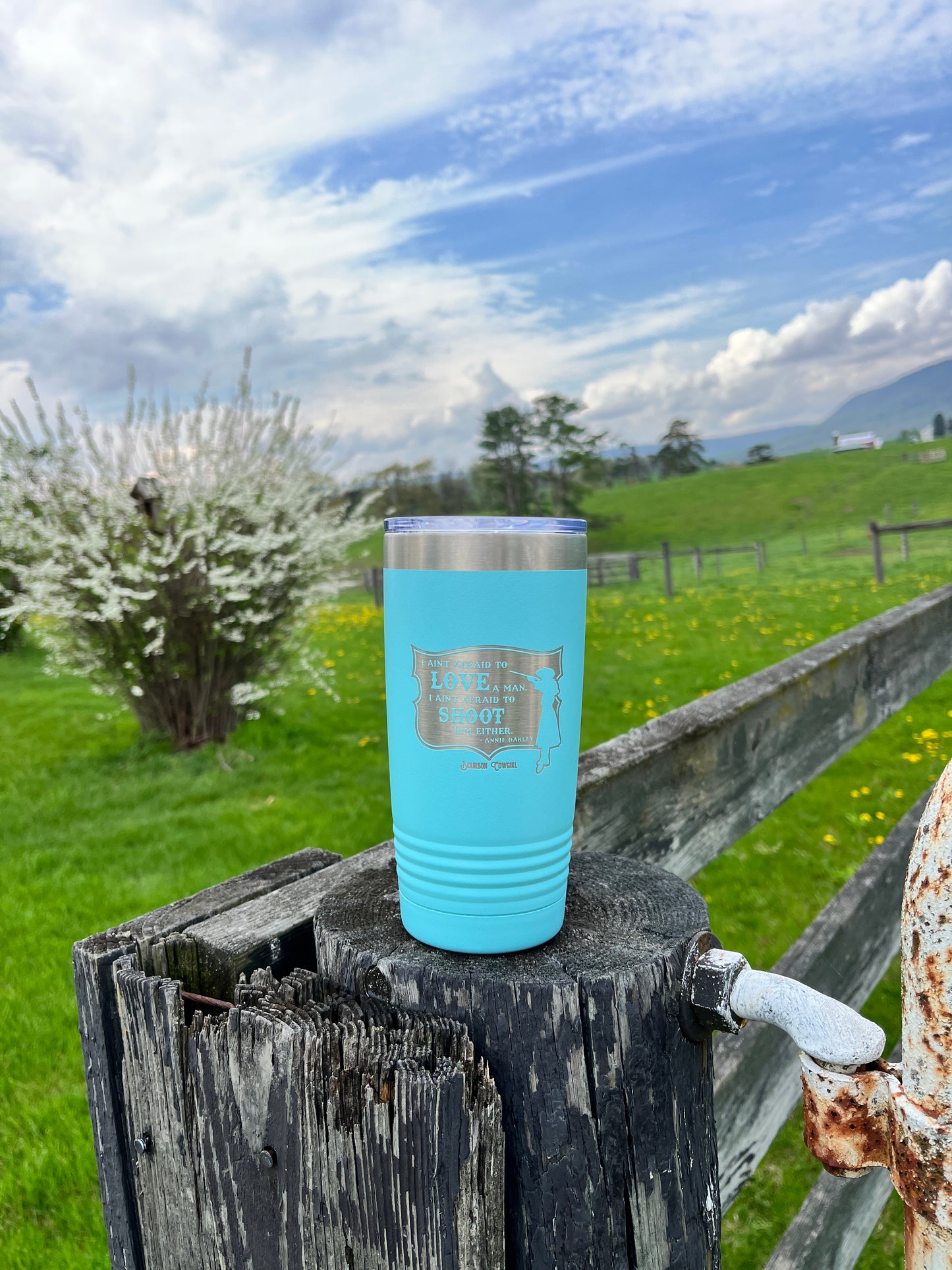 Turquoise tumbler on a wooden fence with a landscape background.