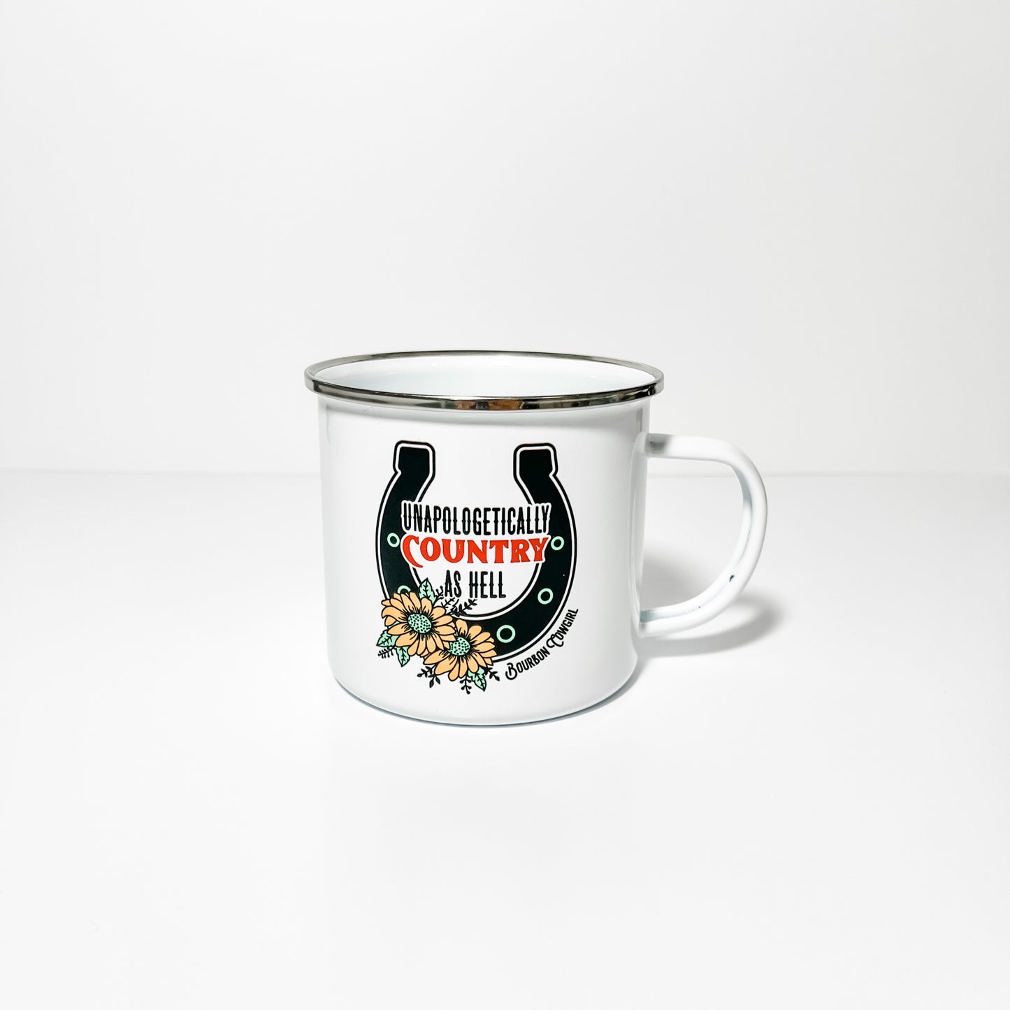 White country mug with horseshoe & sunflowers