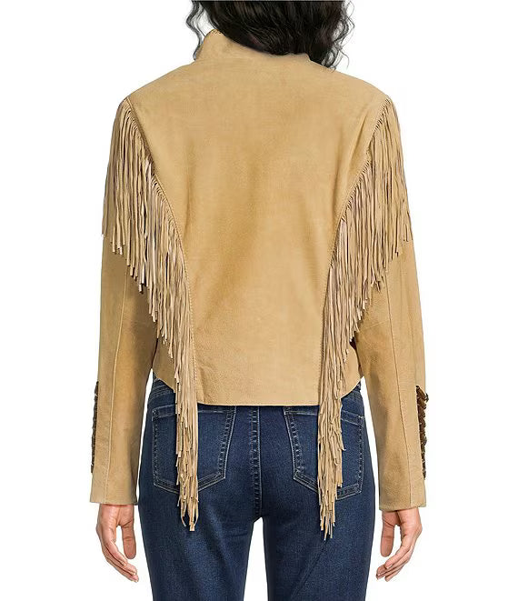 Suede Fringe Lacing Jacket with Bone Bead Details by Scully Leather - Old Rust