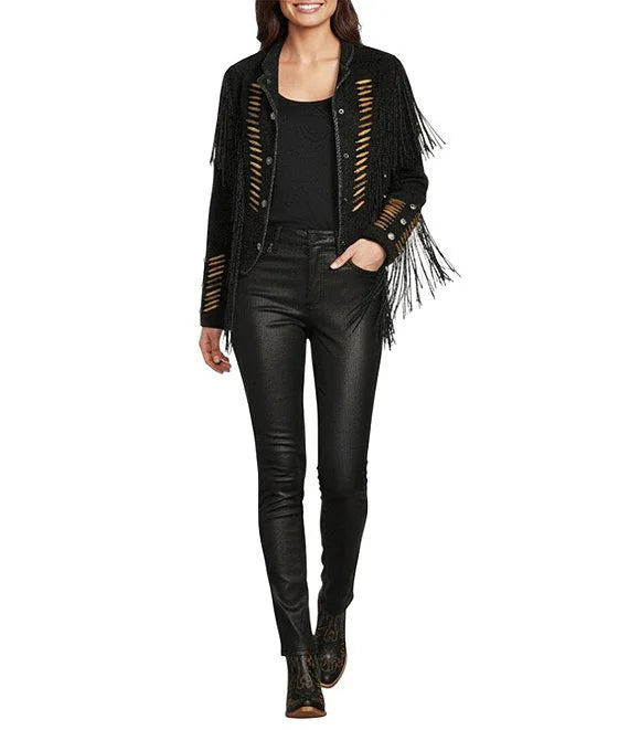 Suede Fringe Lacing Jacket with Bone Bead Details by Scully Leather - Black