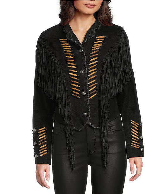 Suede Fringe Lacing Jacket with Bone Bead Details by Scully Leather - Black