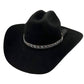 Black cowboy hat with decorative band.