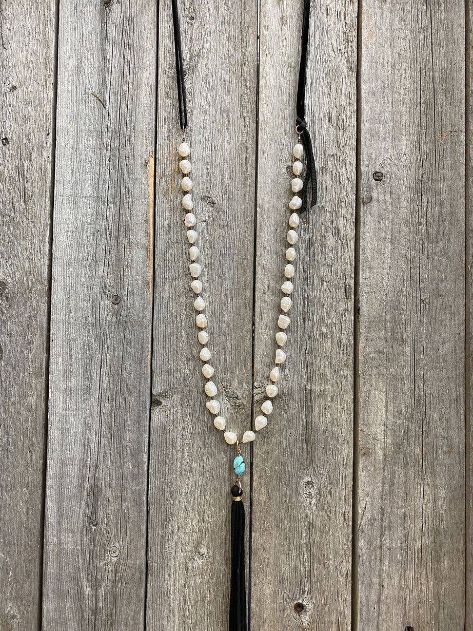 Freshwater Pearl, Turquoise & Leather Tassel Necklace