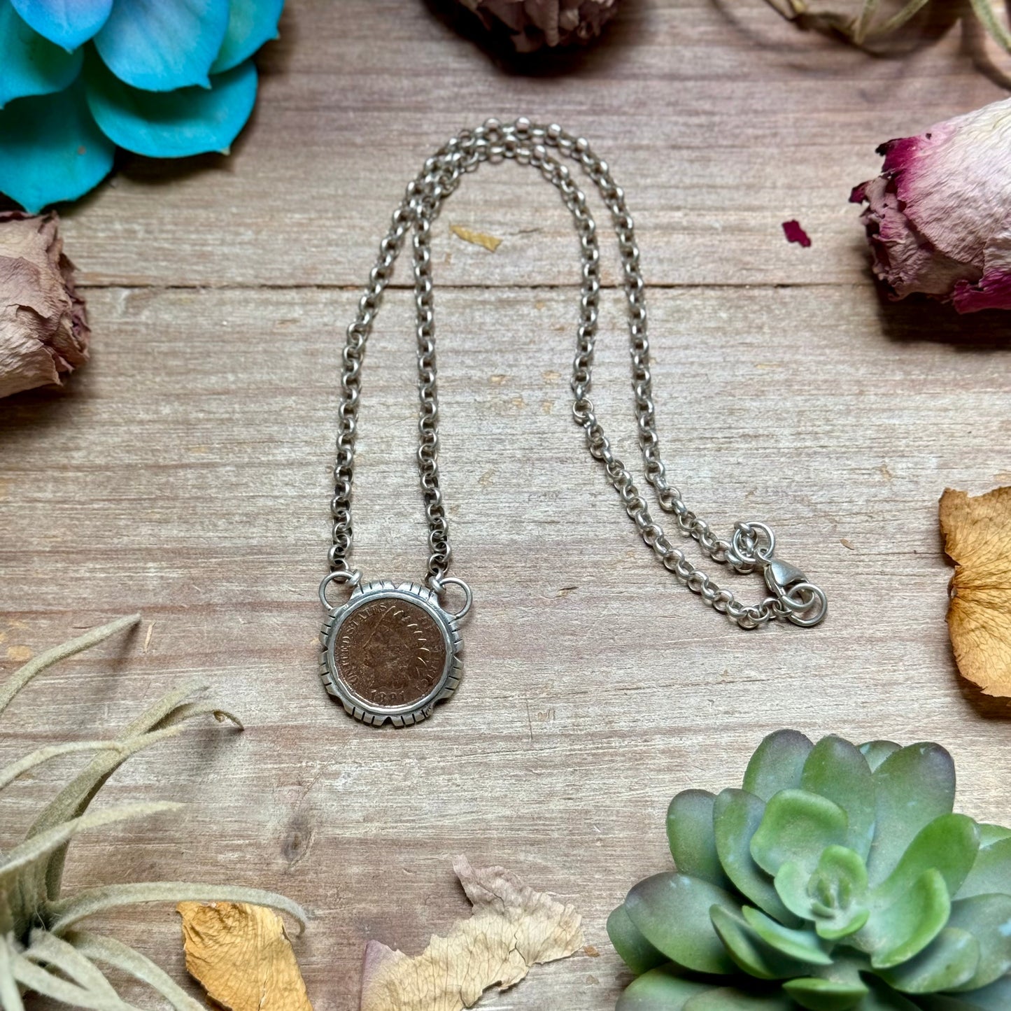 91 - Sterling Silver Indian Head Penny Hand-Filed Frame Fixed Chain Necklace by Jason Ogg