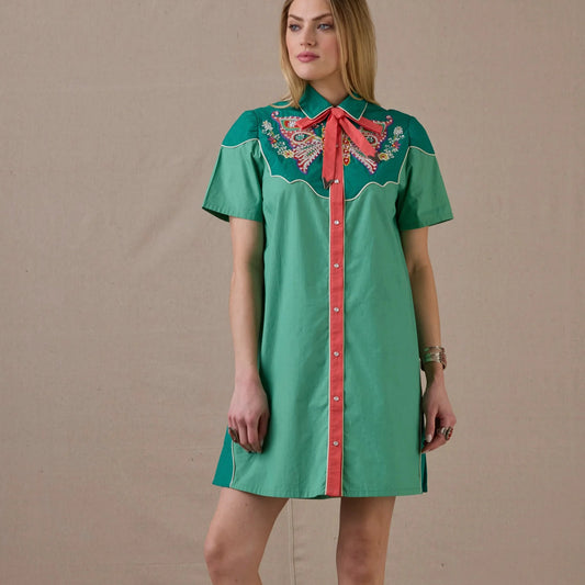 Green Just Wing It dress with embroidered detail