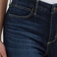 Close-up of dark blue denim jeans with pockets.
