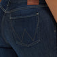 Close-up of dark blue Wrangler jeans with back pocket.