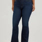 Woman wearing dark wash flare jeans.