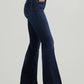 Woman wearing dark wash flared jeans.