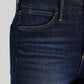 Close-up of dark blue denim jeans with pocket detail.