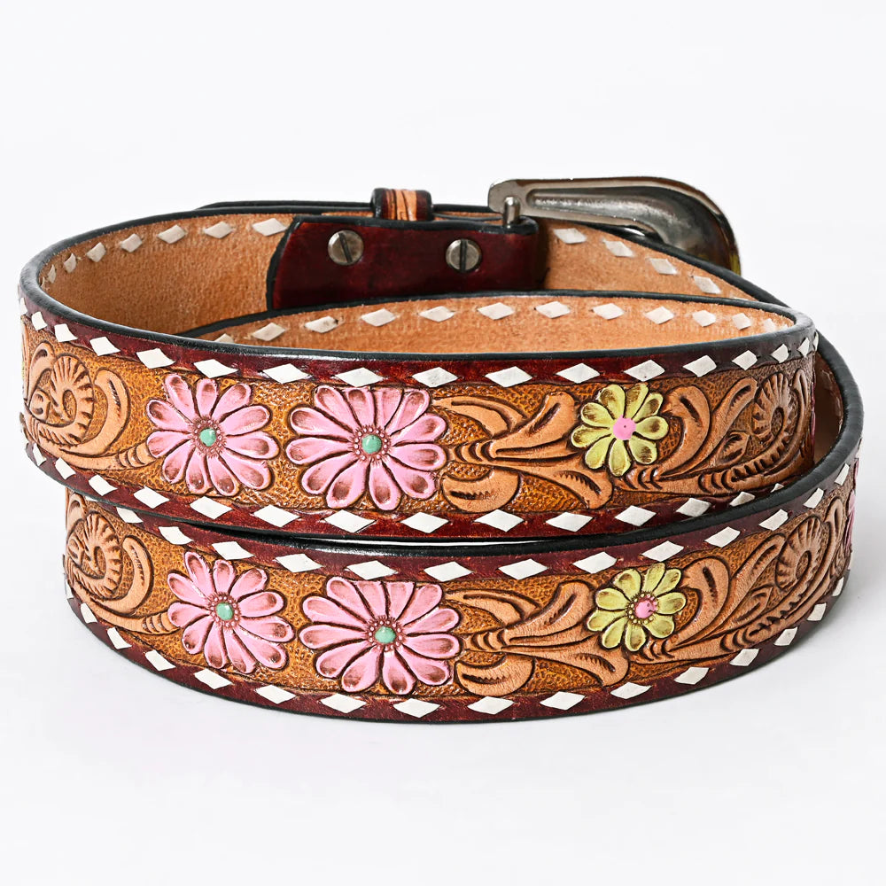 Tooled Leather Belt - Pink & Yellow Daisies With White Diamond Trim