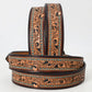 Tooled Leather Western Belt - Floral Scroll With Turquoise Stud Accents