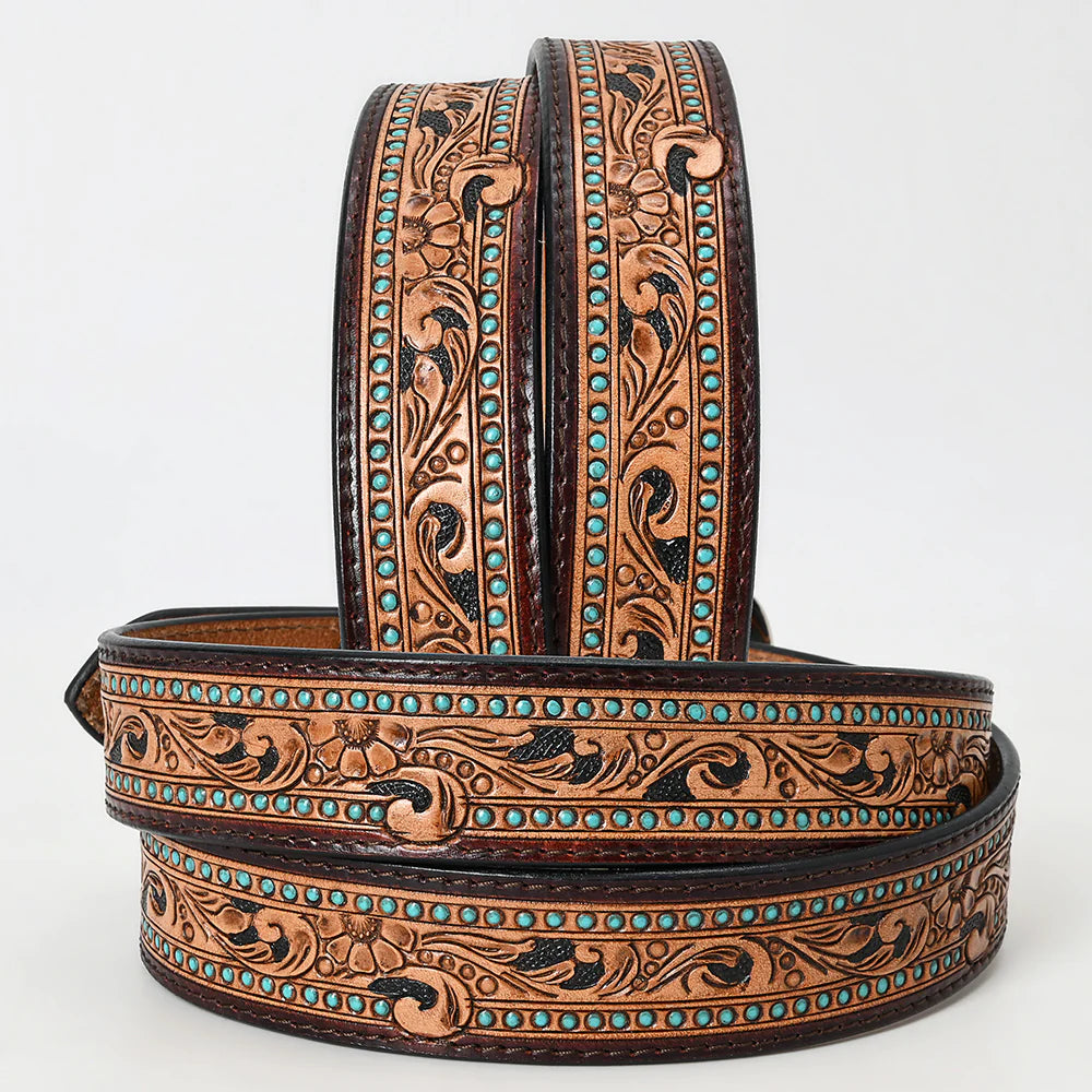 Tooled Leather Western Belt - Floral Scroll With Turquoise Stud Accents