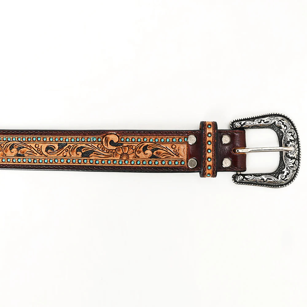 Tooled Leather Western Belt - Floral Scroll With Turquoise Stud Accents