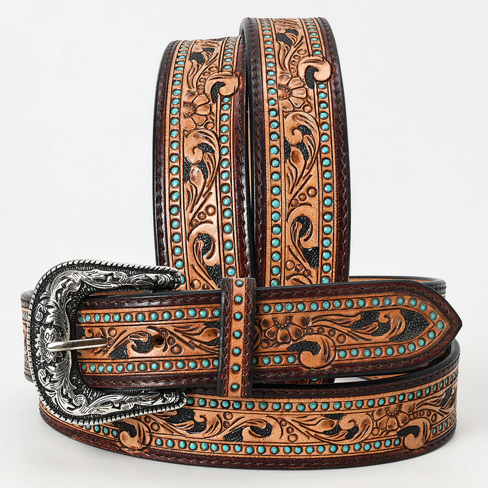 Tooled Leather Western Belt - Floral Scroll With Turquoise Stud Accents
