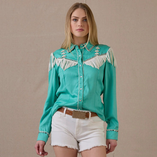 Rodeos and Rhinestones Top - Teal western shirt with fringe