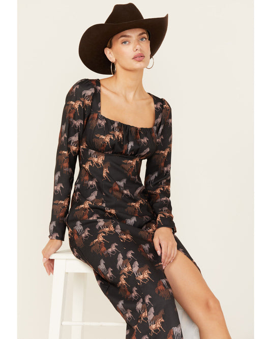 Rock & Roll Denim Women's Horse Print Midi Dress