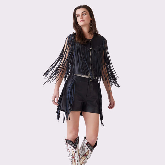 Sonora Vest - Black Fringe Leather Vest & Shorts