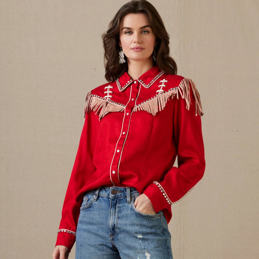 Red rodeo rhinestone top with fringe