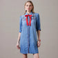 Let The Sun Shine Dress - Blue denim dress with red bow