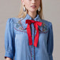 Let The Sun Shine Dress - Blue denim dress with red bow