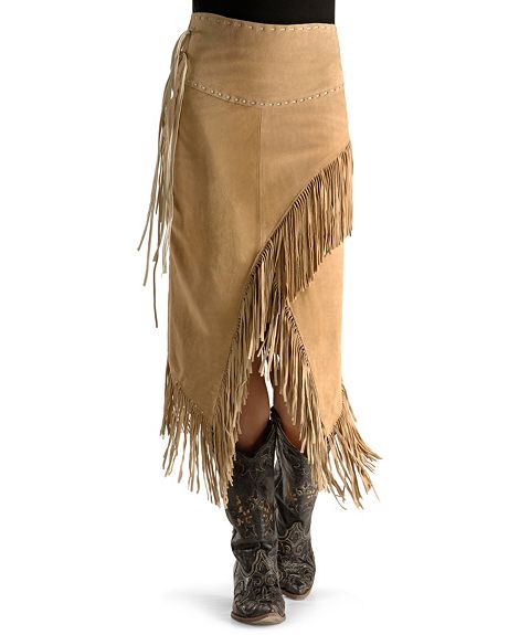 Long Suede Fringe Skirt by Scully in Old Rust