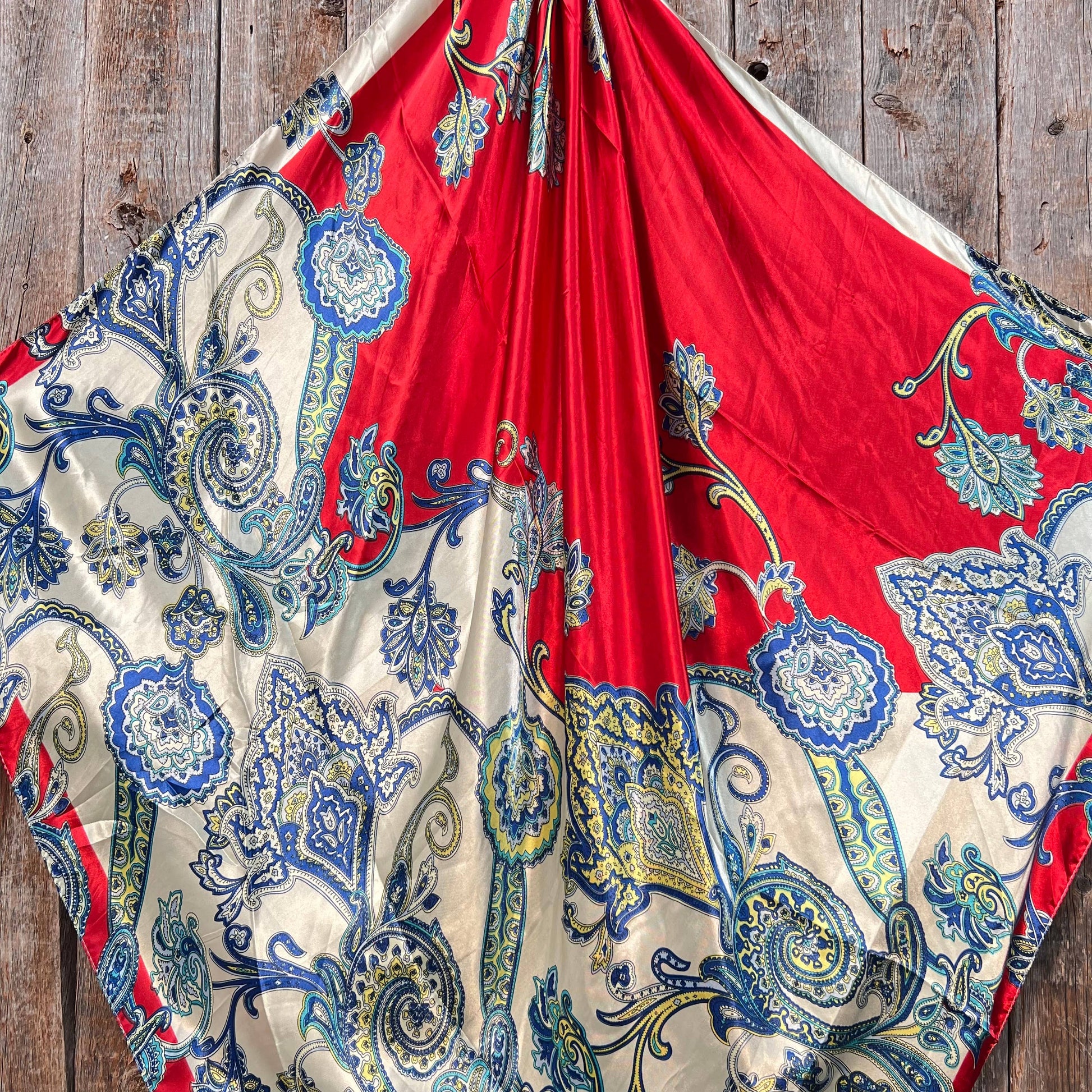 Red and white paisley silk scarf.