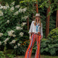 Winnie shirt and Lyla pant outfit, woman in striped pants