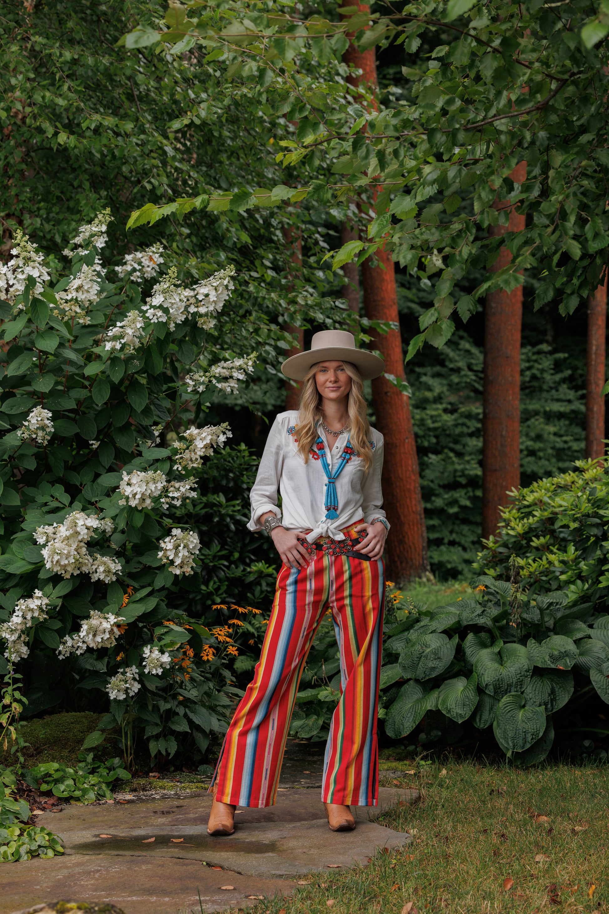 Winnie shirt & Lyla striped pants outdoors