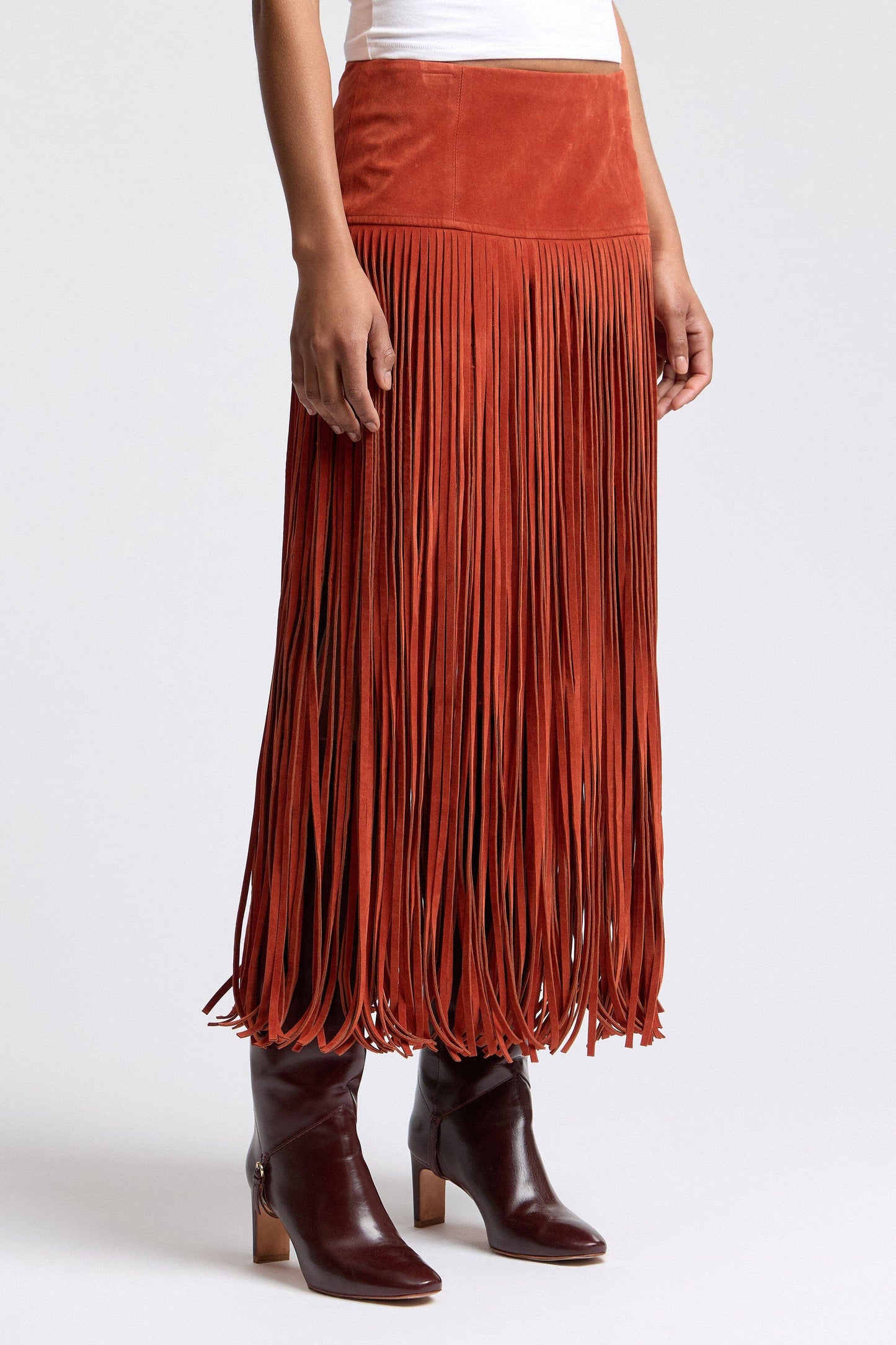 Faux Suede Fringe Maxi Skirt - Rust