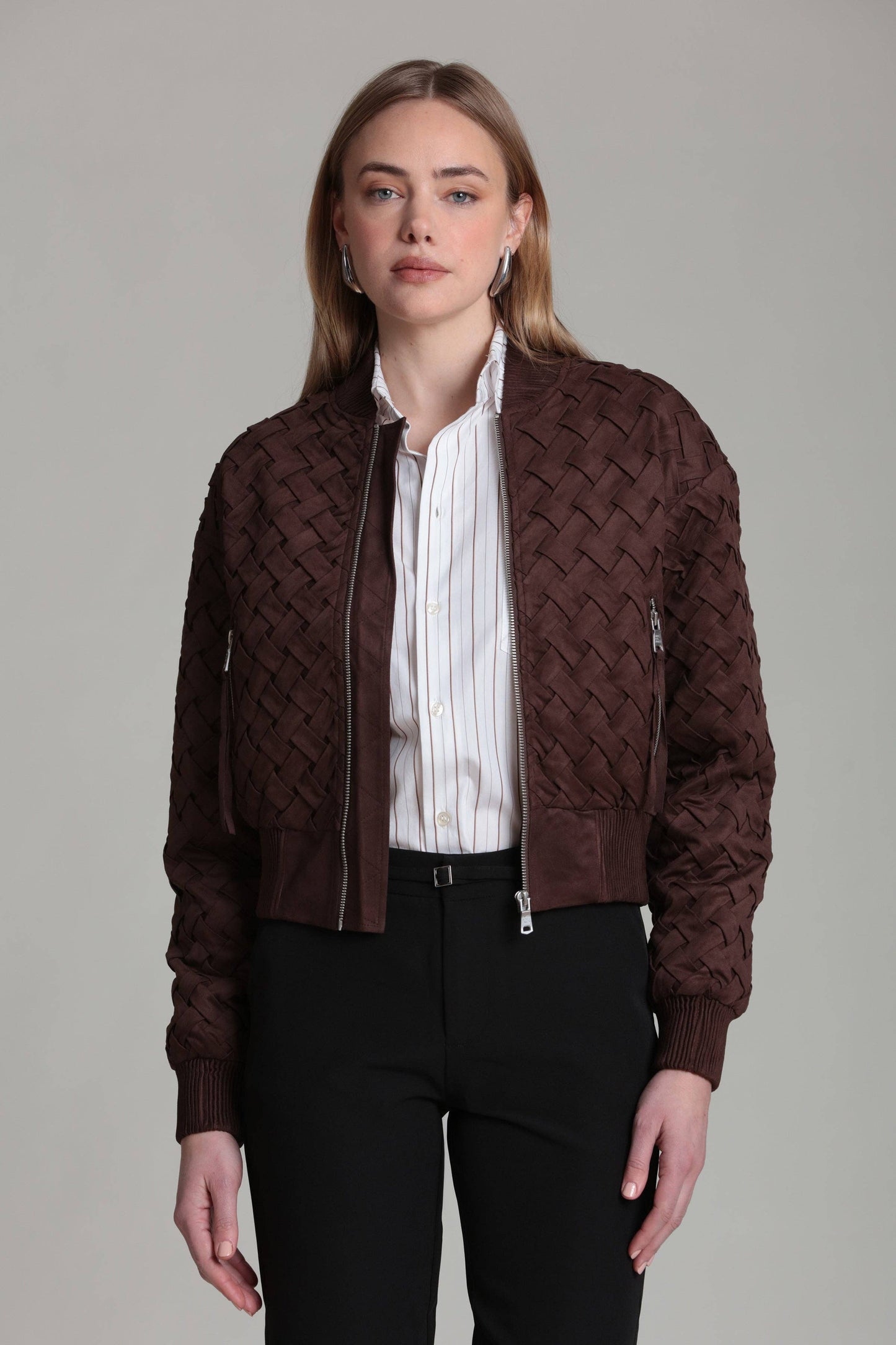 Faux Suede Woven Bomber Jacket