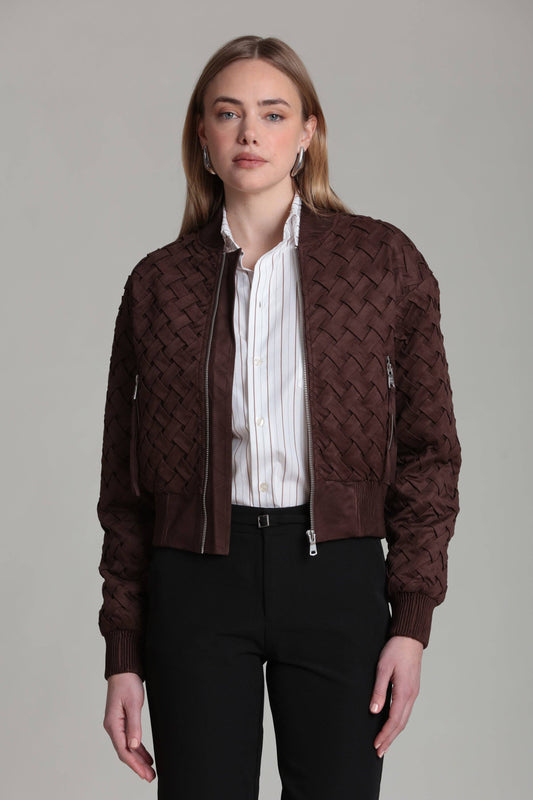 Faux Suede Woven Bomber Jacket