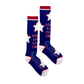 Pair of blue socks with white stars and red trim.